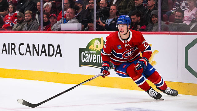 MONTREAL, QC - SEPTEMBER 26: Look on Montreal Canadiens left wing Juraj Slafkovsky (20) during the New Jersey Devils versus the Montreal Canadiens preseason game on September 26, 2022, at Bell Centre in Montreal, QC