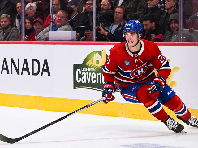 MONTREAL, QC - SEPTEMBER 26: Look on Montreal Canadiens left wing Juraj Slafkovsky (20) during the New Jersey Devils versus the Montreal Canadiens preseason game on September 26, 2022, at Bell Centre in Montreal, QC