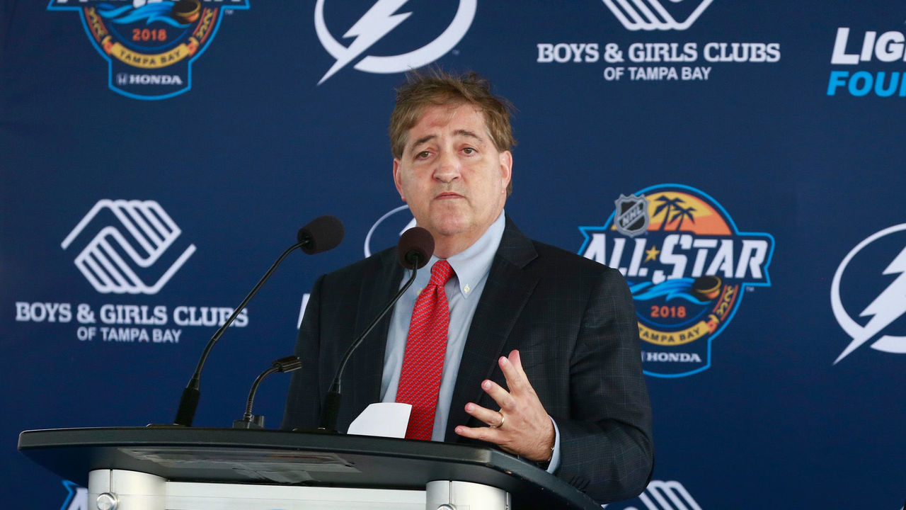 TAMPA, FL - JANUARY 26: Tampa Bay Lightning owner Jeff Vinik speaks to attendees as NHL Commissioner Gary Bettman looks on during the NHL All-Star Legacy event at the Jeff and Penny Vinik Family Boys & Girls Club on January 26, 2018 in Tampa, Florida.