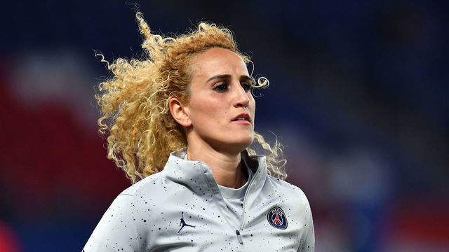 PARIS, FRANCE - MARCH 30: Kheira Hamraoui of Paris Saint-Germain warms up before the UEFA Women's Champions League Quarter Final Second Leg match between Paris Saint-Germain and Bayern München at Parc des Princes on March 30, 2022 in Paris, France.