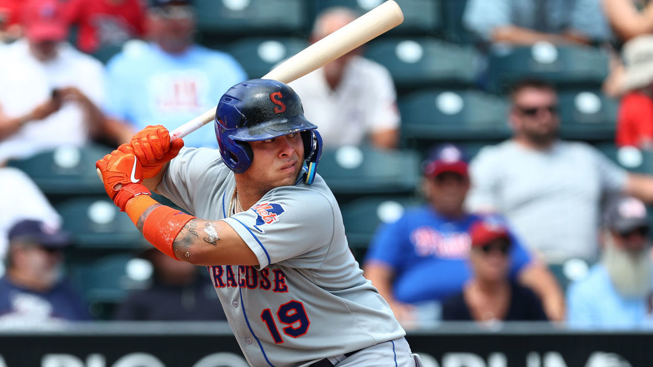 ALLENTOWN, PA - AUGUST 02: Francisco Alvarez #19 of the Syracuse Mets in action during a game against the Lehigh Valley IronPigs at Coca-Cola Park on August 2, 2022 in Allentown, Pennsylvania. Alvarez is the number one ranked prospect in the New York Mets organization.