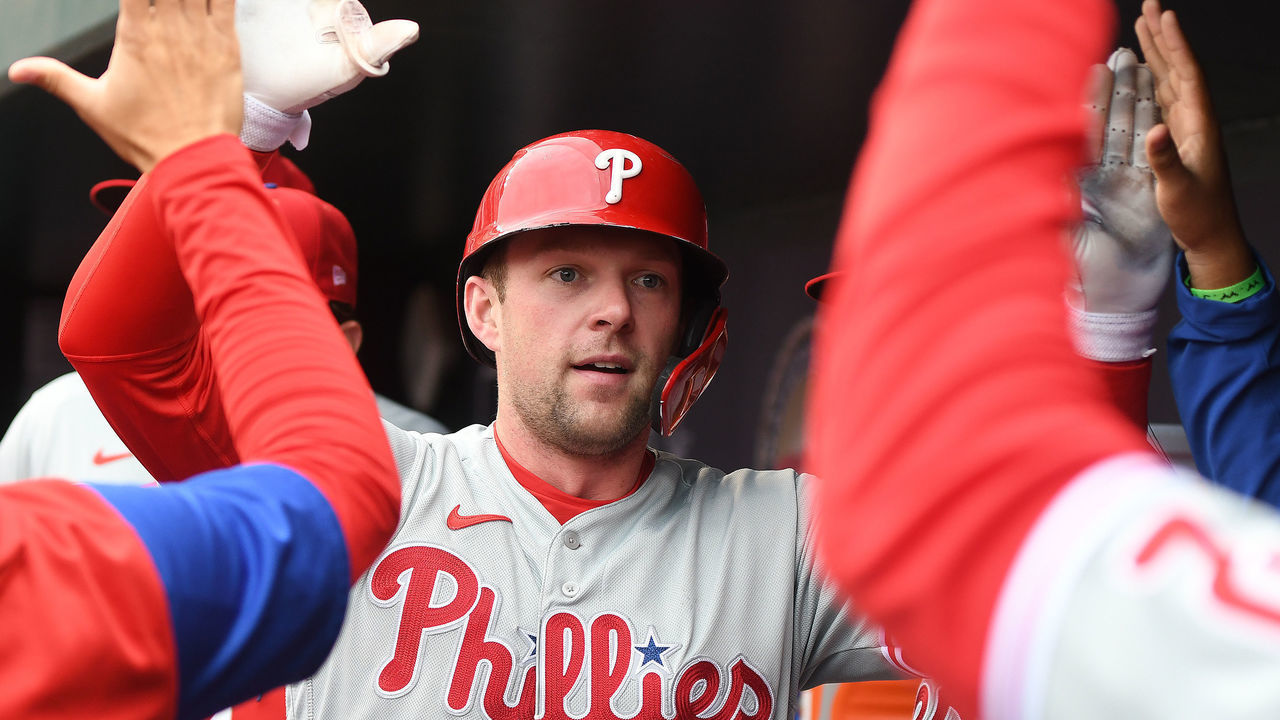 WASHINGTON, DC - SEPTEMBER 30: Rhys Hoskins #17 of the Philadelphia Phillies celebrates hitting a solo home run in the first inning during game one of a doubleheader baseball game against the Washington Nationals at Nationals Park on September 30, 2022 in Washington, DC.
