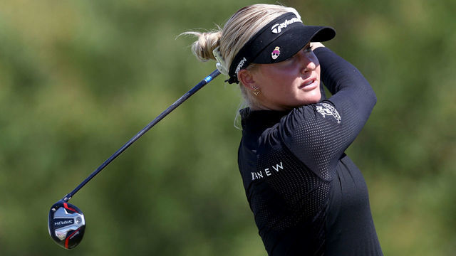 THE COLONY, TEXAS - SEPTEMBER 30: Charley Hull of England plays her shot on the ninth tee during the second round of The Ascendant LPGA benefiting Volunteers of America at Old American Golf Club on September 30, 2022 in The Colony, Texas.