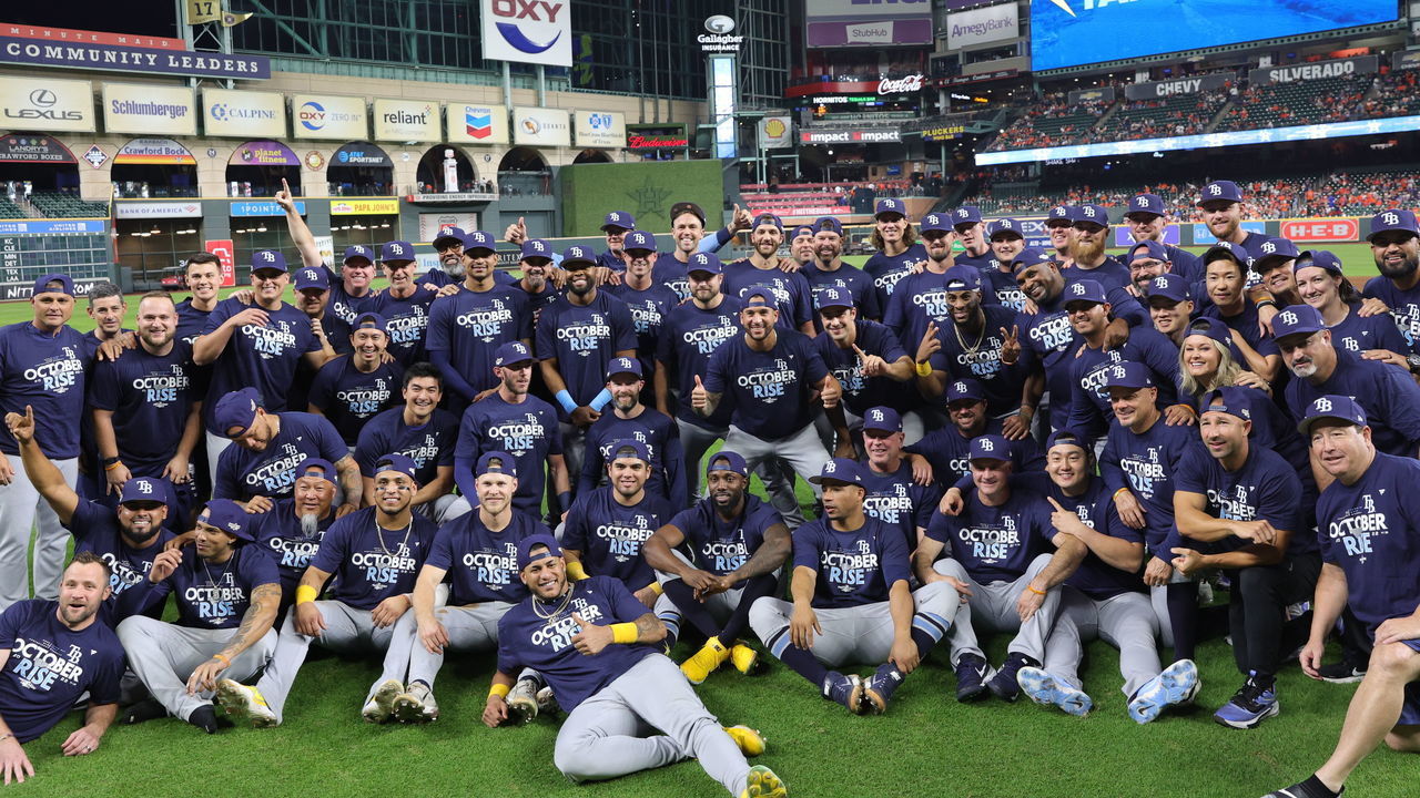 HOUSTON, TEXAS - SEPTEMBER 30: The Tampa Bay Rays celebrate clinching the WildCard spot after defeating the Houston Astros 7-3 at Minute Maid Park on September 30, 2022 in Houston, Texas.