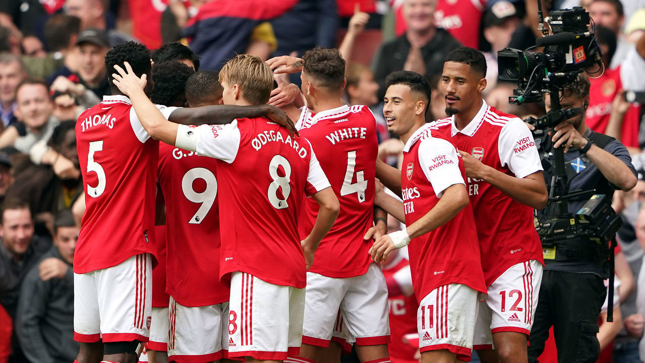 Arsenals Granit Xhaka celebrates scoring their side's third goal of the game with team-mates during the Premier League match at the Emirates Stadium, London. Picture date: Saturday October 1, 2022.