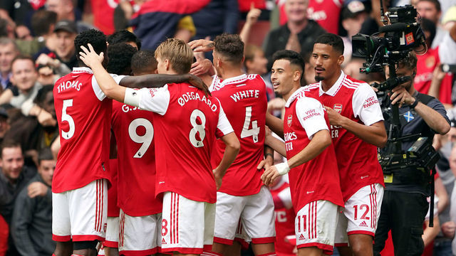 Arsenals Granit Xhaka celebrates scoring their side's third goal of the game with team-mates during the Premier League match at the Emirates Stadium, London. Picture date: Saturday October 1, 2022.