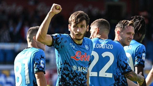 Napoli's Georgian forward Khvicha Kvaratskhelia celebrates after scoring his side's third goal during the Italian Serie A football match between Napoli and Torino on October 1, 2022 at the Diego-Maradona stadium in Naples.
