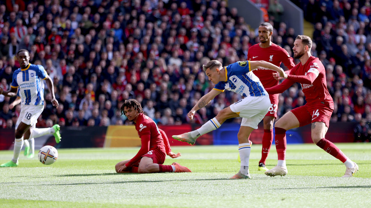 LIVERPOOL, ENGLAND - OCTOBER 01: Leandro Trossard of Brighton & Hove Albion scores their sides first goal during the Premier League match between Liverpool FC and Brighton & Hove Albion at Anfield on October 01, 2022 in Liverpool, England.
