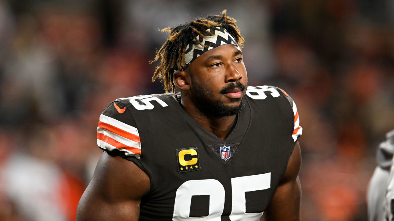 CLEVELAND, OH - SEPTEMBER 22: Myles Garrett #95 of the Cleveland Browns looks on prior to a game against the Pittsburgh Steelers at FirstEnergy Stadium on September 22, 2022 in Cleveland, Ohio.