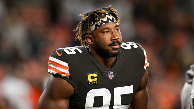 CLEVELAND, OH - SEPTEMBER 22: Myles Garrett #95 of the Cleveland Browns looks on prior to a game against the Pittsburgh Steelers at FirstEnergy Stadium on September 22, 2022 in Cleveland, Ohio.