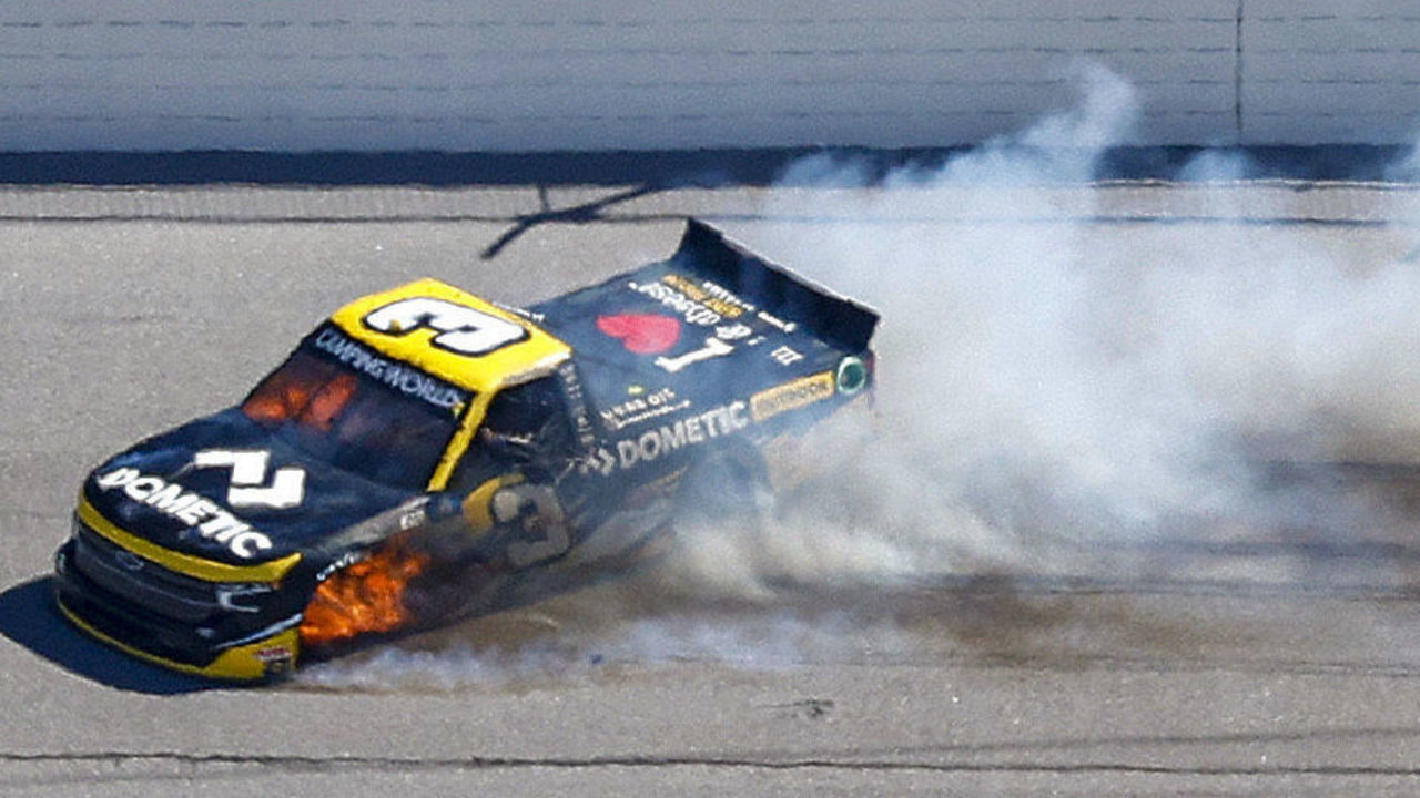 TALLADEGA, ALABAMA - OCTOBER 01: Jordan Anderson, driver of the #3 Dometic Outdoor Chevrolet, spins after an on-track incident during the NASCAR Camping World Truck Series Chevy Silverado 250 at Talladega Superspeedway on October 01, 2022 in Talladega, Alabama.