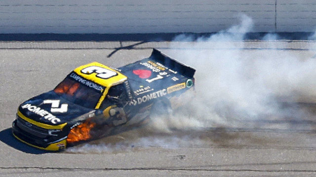 TALLADEGA, ALABAMA - OCTOBER 01: Jordan Anderson, driver of the #3 Dometic Outdoor Chevrolet, spins after an on-track incident during the NASCAR Camping World Truck Series Chevy Silverado 250 at Talladega Superspeedway on October 01, 2022 in Talladega, Alabama.