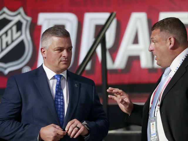 MONTREAL, QUEBEC - JULY 08: (L-R) Head coach Sheldon Keefe of the Toronto Maple Leafs and head coach D.J. Smith of the Ottawa Senators talk on the draft floor during the 2022 Upper Deck NHL Draft at Bell Centre on July 08, 2022 in Montreal, Quebec.
