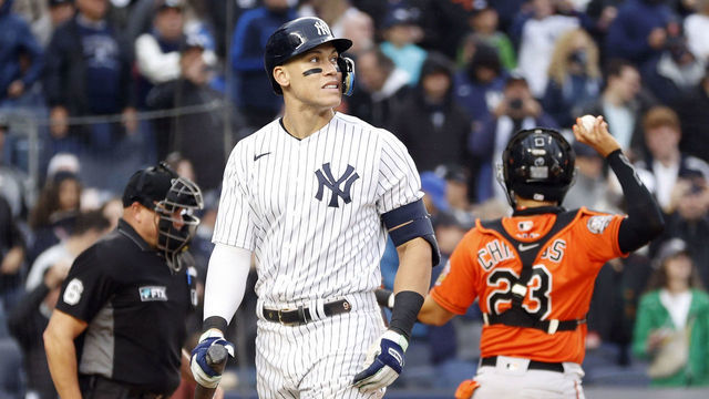 NEW YORK, NEW YORK - OCTOBER 01: Aaron Judge #99 of the New York Yankees reacts after striking out swinging during the eighth inning against the Baltimore Orioles at Yankee Stadium on October 01, 2022 in the Bronx borough of New York City. The Yankees won 8-0.