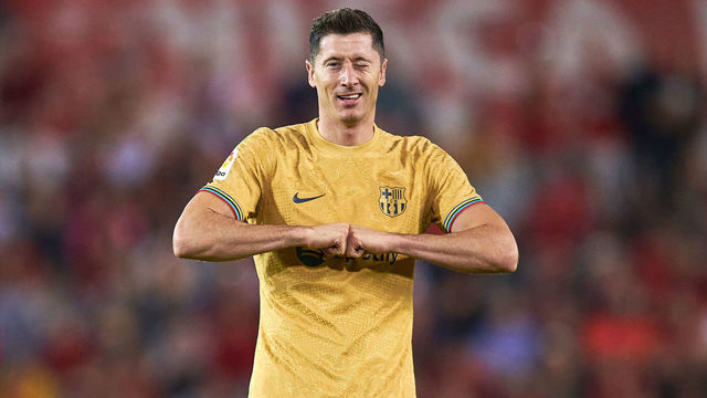 MALLORCA, SPAIN - OCTOBER 01: Robert Levandowski of Barcelona celebrates after scoring his first team goal during the LaLiga Santander match between RCD Mallorca and FC Barcelona at Estadi de Son Moix on October 01, 2022 in Mallorca, Spain.