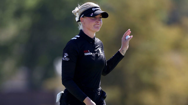 THE COLONY, TEXAS - OCTOBER 01: Charley Hull of England reacts after a par putt on the 18th green during the third round of The Ascendant LPGA benefiting Volunteers of America at Old American Golf Club on October 01, 2022 in The Colony, Texas.