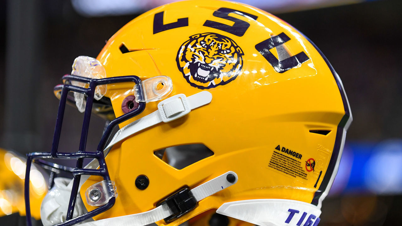 NEW ORLEANS, LA - SEPTEMBER 04: An LSU helmet sits on an equipment rack during the Allstate Louisiana Kickoff game between the Florida State Seminoles and the LSU Tigers at Caesars Superdome in New Orleans, LA.