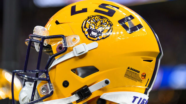 NEW ORLEANS, LA - SEPTEMBER 04: An LSU helmet sits on an equipment rack during the Allstate Louisiana Kickoff game between the Florida State Seminoles and the LSU Tigers at Caesars Superdome in New Orleans, LA.