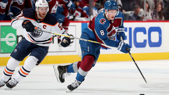 DENVER, COLORADO - MAY 31: Cale Makar #8 of the Colorado Avalanche skates against Connor McDavid #97 of the Edmonton Oilers in Game One of the Western Conference Final of the 2022 Stanley Cup Playoffs at Ball Arena on May 31, 2022 in Denver, Colorado.