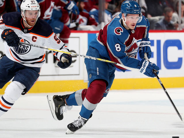 DENVER, COLORADO - MAY 31: Cale Makar #8 of the Colorado Avalanche skates against Connor McDavid #97 of the Edmonton Oilers in Game One of the Western Conference Final of the 2022 Stanley Cup Playoffs at Ball Arena on May 31, 2022 in Denver, Colorado.