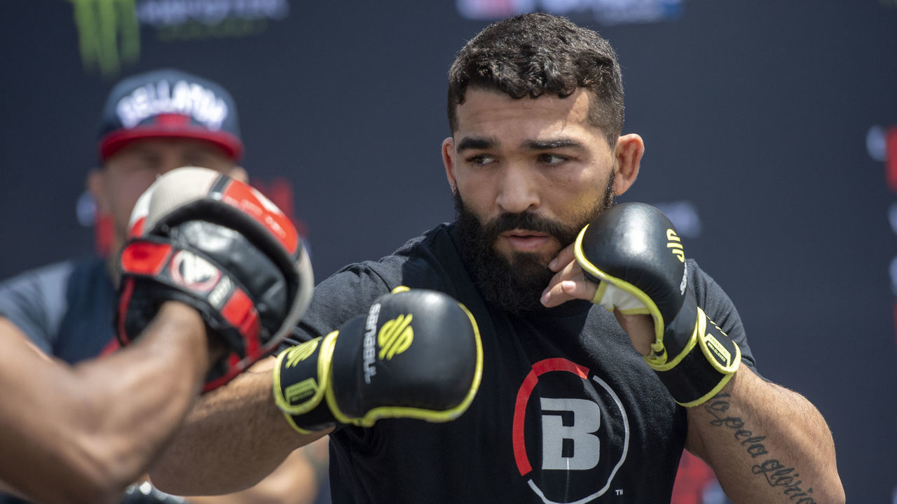 Inglewood, CA - July 22: Champion Patricio "Pitbull" Freire during the Bellator 263 open workout at The Forum in Inglewood, Thursday, July 22, 2021. The card features the $1 million featherweight title fight between Freire and AJ McKee on July 31 at The Forum.