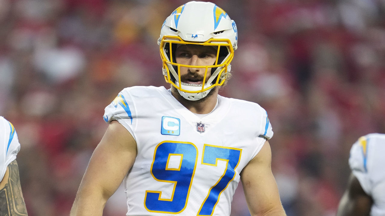 KANSAS CITY, MO - SEPTEMBER 15: Joey Bosa #97 of the Los Angeles Chargers gets set against the Kansas City Chiefs at GEHA Field at Arrowhead Stadium on September 15, 2022 in Kansas City, Missouri.