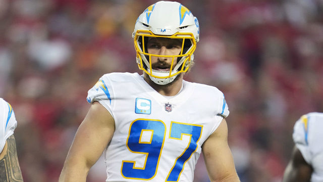 KANSAS CITY, MO - SEPTEMBER 15: Joey Bosa #97 of the Los Angeles Chargers gets set against the Kansas City Chiefs at GEHA Field at Arrowhead Stadium on September 15, 2022 in Kansas City, Missouri.