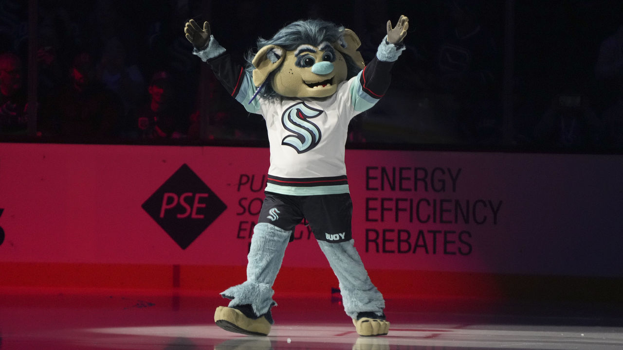 SEATTLE, WA - OCTOBER 01: The new Kraken mascot Buoy made it's debut tonight before an NHL pre-season game between the Vancouver Canucks and the Seattle Kraken on October 1, 2022 at Climate Pledge Arena in Seattle, WA.
