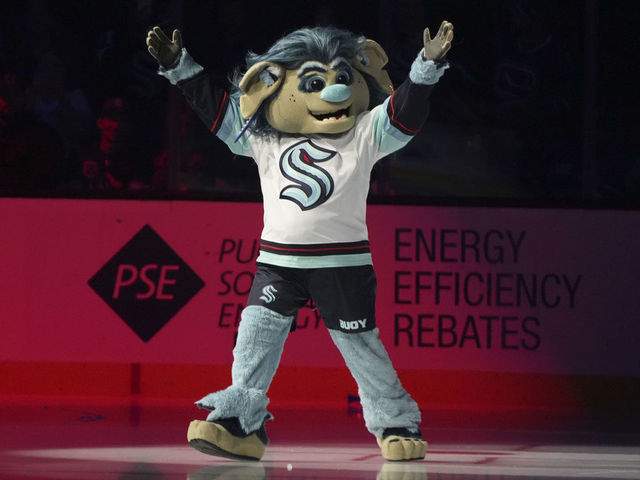 SEATTLE, WA - OCTOBER 01: The new Kraken mascot Buoy made it's debut tonight before an NHL pre-season game between the Vancouver Canucks and the Seattle Kraken on October 1, 2022 at Climate Pledge Arena in Seattle, WA.