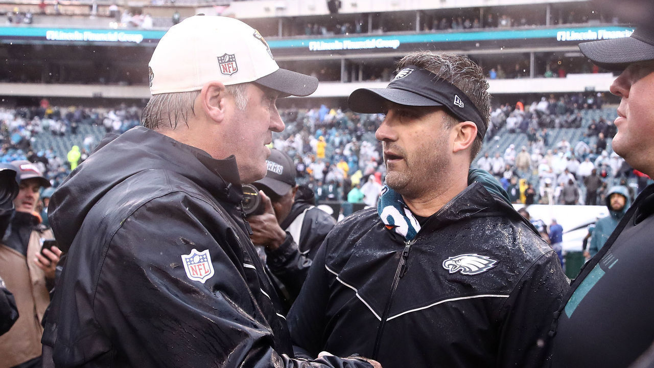 PHILADELPHIA, PENNSYLVANIA - OCTOBER 02: Head coach Doug Pederson of the Jacksonville Jaguars and head coach Nick Sirianni of the Philadelphia Eagles talk after Philadelphia's 29-21 win at Lincoln Financial Field on October 02, 2022 in Philadelphia, Pennsylvania.