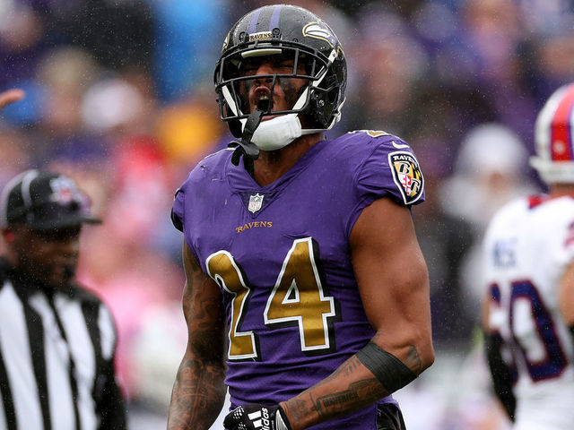 BALTIMORE, MARYLAND - OCTOBER 02: Marcus Peters #24 of the Baltimore Ravens reacts in the third quarter against the Buffalo Bills at M&T Bank Stadium on October 02, 2022 in Baltimore, Maryland.