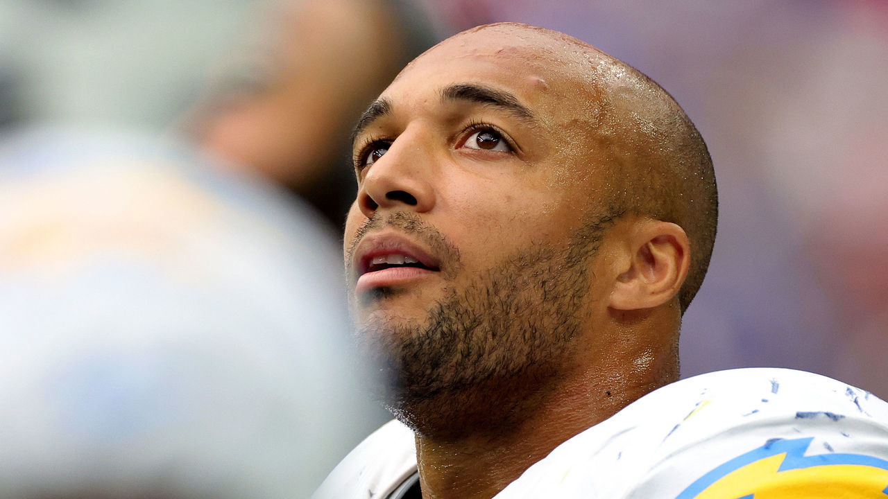 HOUSTON, TEXAS - OCTOBER 02: Austin Ekeler #30 of the Los Angeles Chargers looks on in the fourth quarter against the Houston Texans at NRG Stadium on October 02, 2022 in Houston, Texas.
