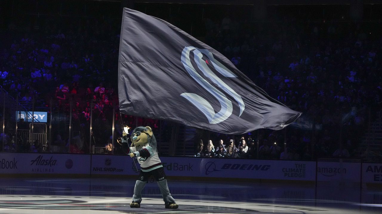 SEATTLE, WA - OCTOBER 01: The new Kraken mascot Buoy made it's debut tonight before an NHL pre-season game between the Vancouver Canucks and the Seattle Kraken on October 1, 2022 at Climate Pledge Arena in Seattle, WA.
