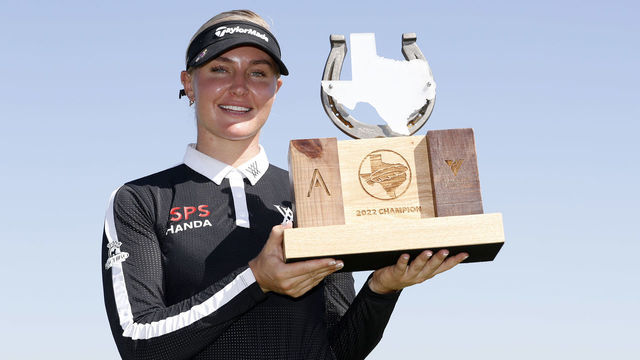 THE COLONY, TEXAS - OCTOBER 02: Charley Hull of England poses for a photo with the trophy after winning The Ascendant LPGA benefiting Volunteers of America at Old American Golf Club on October 02, 2022 in The Colony, Texas.