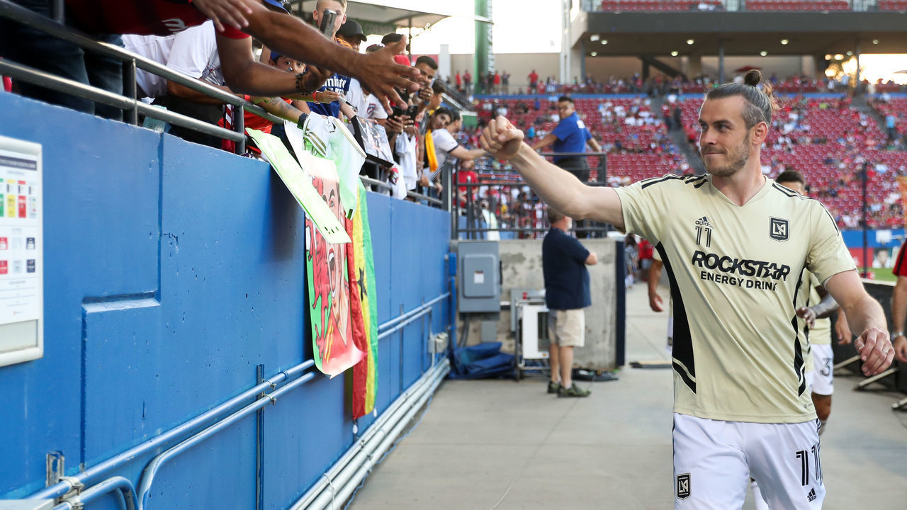 FRISCO, TX - SEPTEMBER 10: Gareth Bale #11 of LAFC greeting FC Dallas fans during the MLS game between LAFC and FC Dallas at Toyota Stadium on September 10, 2022 in Frisco, Texas.