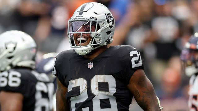 LAS VEGAS, NEVADA - OCTOBER 02: Josh Jacobs #28 of the Las Vegas Raiders celebrates after scoring a touchdown in the second quarter against the Denver Broncos at Allegiant Stadium on October 02, 2022 in Las Vegas, Nevada.