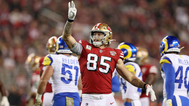 SANTA CLARA, CALIFORNIA - NOVEMBER 15: George Kittle #85 of the San Francisco 49ers reacts during their game against the Los Angeles Rams at Levi's Stadium on November 15, 2021 in Santa Clara, California.