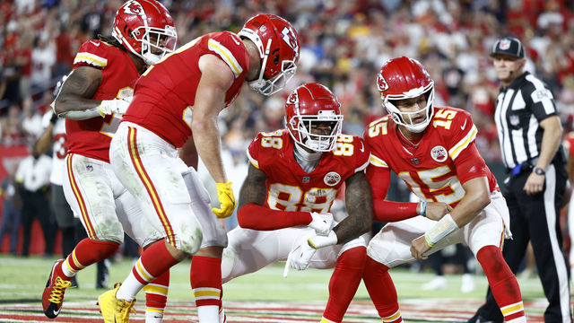 TAMPA, FLORIDA - OCTOBER 02: Patrick Mahomes #15 and Jody Fortson #88 of the Kansas City Chiefs celebrate a touchdown against the Tampa Bay Buccaneers during the third quarter at Raymond James Stadium on October 02, 2022 in Tampa, Florida.