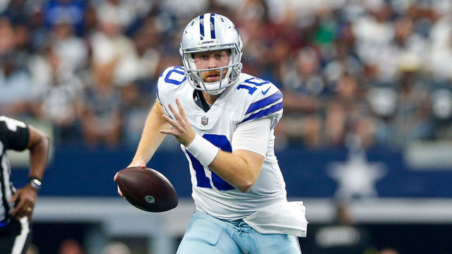 ARLINGTON, TX - OCTOBER 02: Dallas Cowboys Quarterback Cooper Rush (10) scrambles out of the pocket during the game between the Washington Commanders and Dallas Cowboys on October 2, 2022 at AT&T Stadium in Arlington, TX.