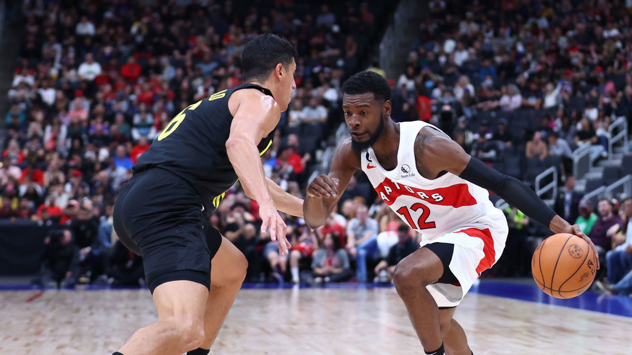 ALBERTA, CANADA - OCTOBER 2: Josh Jackson #12 of the Toronto Raptors drives to the basket against the Utah Jazz during a preseason game on October 2, 2022 at the Rogers Place in Edmonton, Alberta, Canada. Mandatory Copyright Notice: Copyright 2022 NBAE