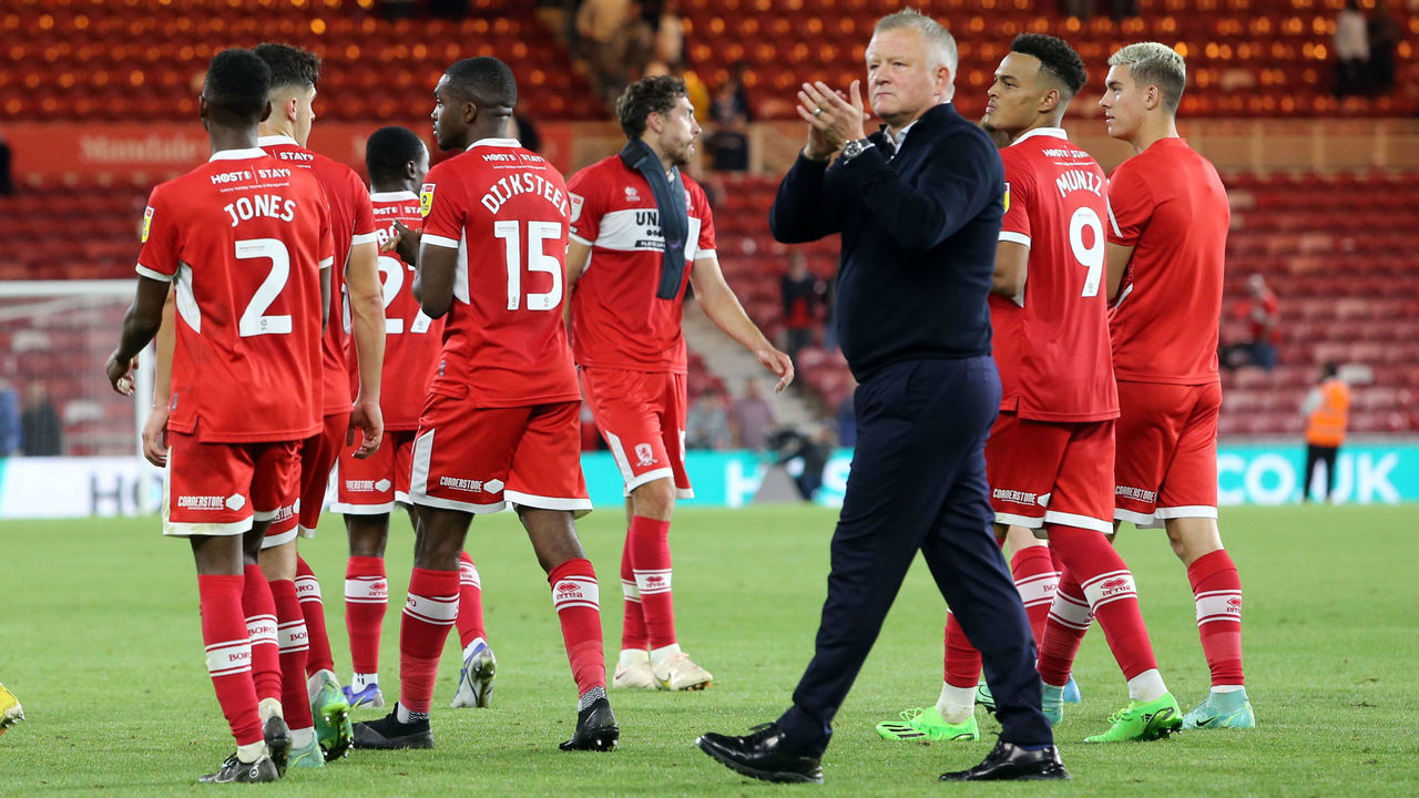 MIDDLESBROUGH, ENGLAND - SEPTEMBER 05: Middlesbrough manager Chris Wilder applauds the fans at the end of the game during the Sky Bet Championship match between Middlesbrough and Sunderland at Riverside Stadium on September 5, 2022 in Middlesbrough, United Kingdom.
