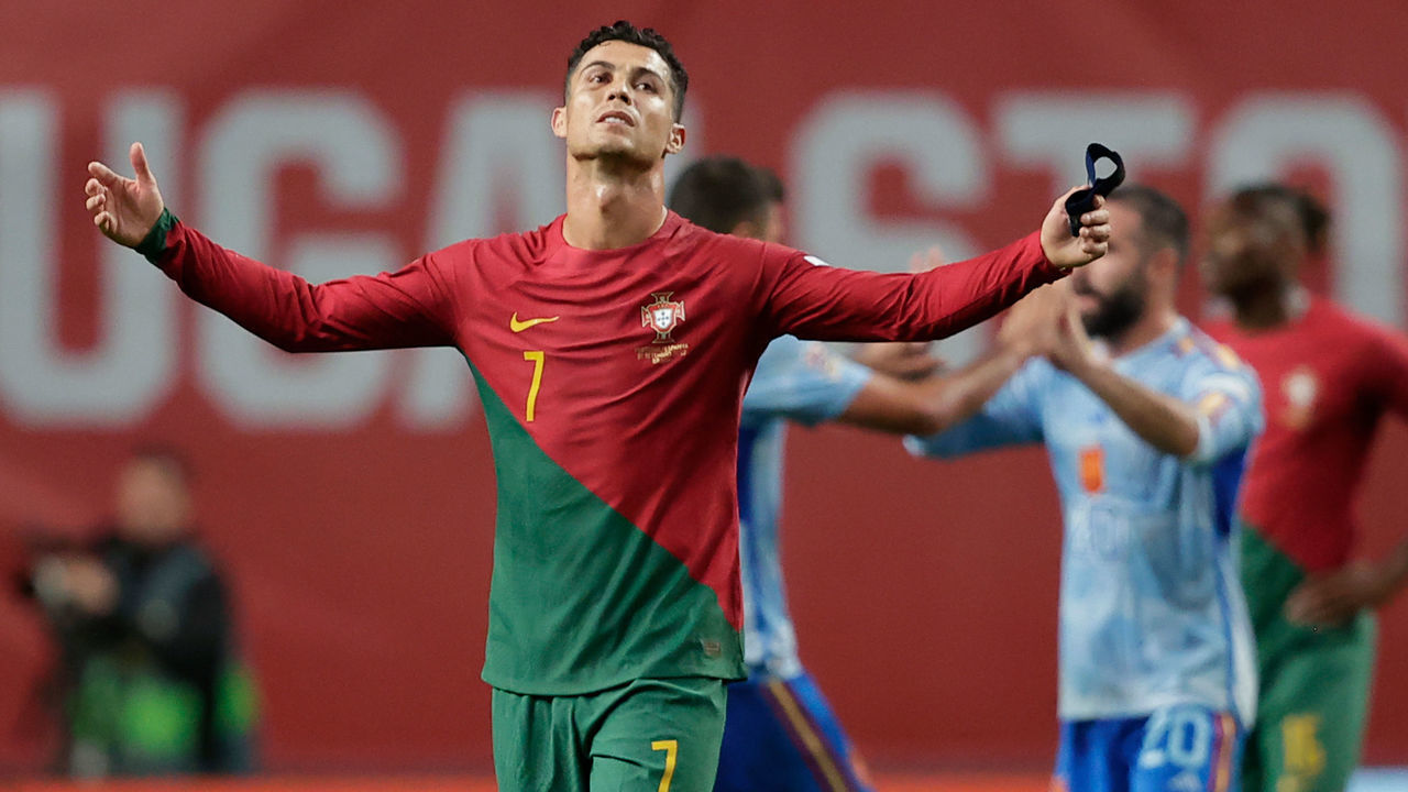 BRAGA, PORTUGAL - SEPTEMBER 27: Cristiano Ronaldo of Portugal disappointed during the UEFA Nations league match between Portugal v Spain at the Estadio Municipal de Braga on September 27, 2022 in Braga Portugal