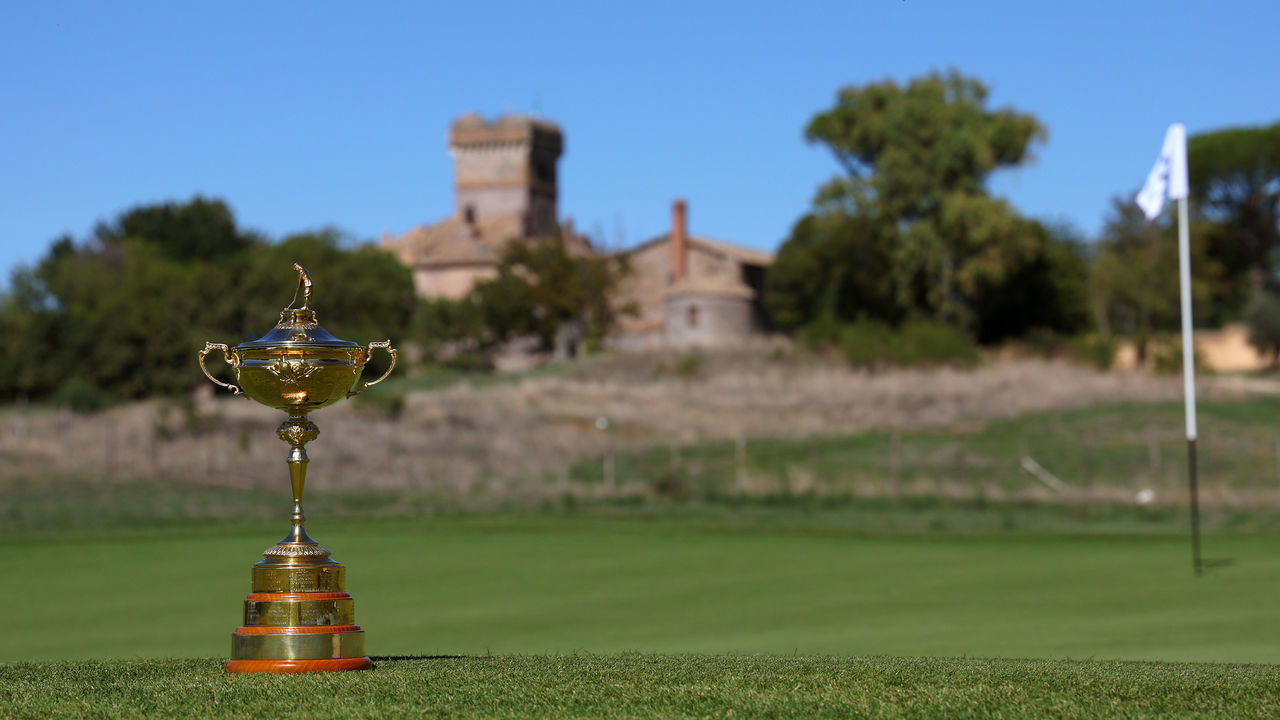ROME, ITALY - OCTOBER 03: The Ryder Cup trophy is seen on the 9th green during the Ryder Cup 2023 Year to Go Media Event at Marco Simone Golf Club on October 03, 2022 in Rome, .
