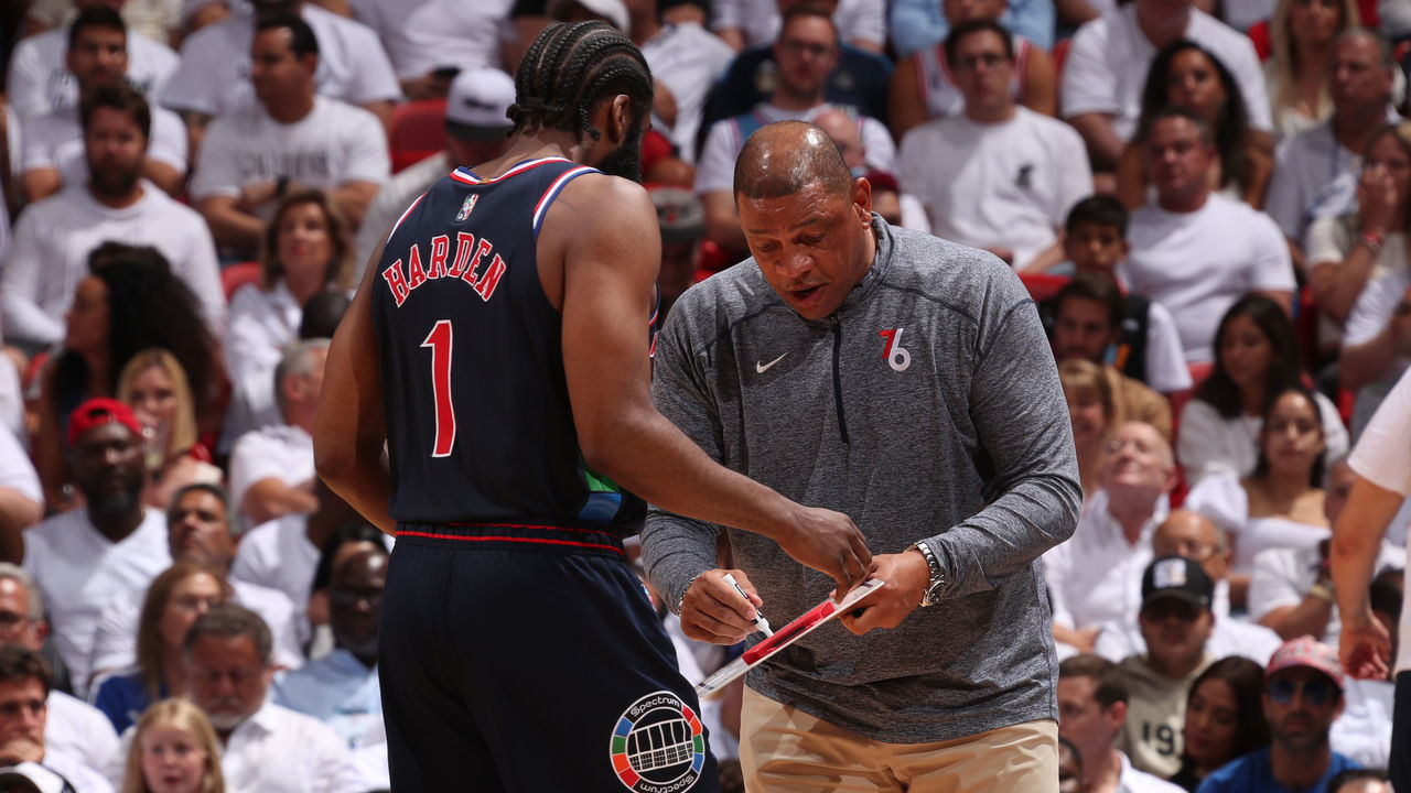 MIAMI, FL - MAY 4: Head Coach Doc Rivers of the Philadelphia 76ers talks to James Harden #1 of the Philadelphia 76ers during Game 2 of the 2022 NBA Playoffs Eastern Conference Semifinals on May 4, 2022 at FTX Arena in Miami, Florida. Mandatory Copyright Notice: Copyright 2022 NBAE