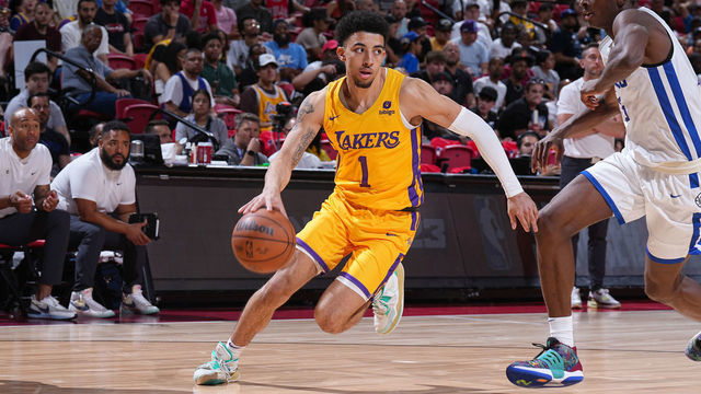 LAS VEGAS, NV - JULY12: Scotty Pippen Jr. #1 of the Los Angeles Lakers drives to the basket during the game against the LA Clippers during the 2022 Las Vegas Summer League on July 12, 2022 at the Thomas & Mack Center in Las Vegas, Nevada NOTE TO USER: User expressly acknowledges and agrees that, by downloading and/or using this Photograph, user is consenting to the terms and conditions of the Getty Images License Agreement. Mandatory Copyright Notice: Copyright 2022 NBAE