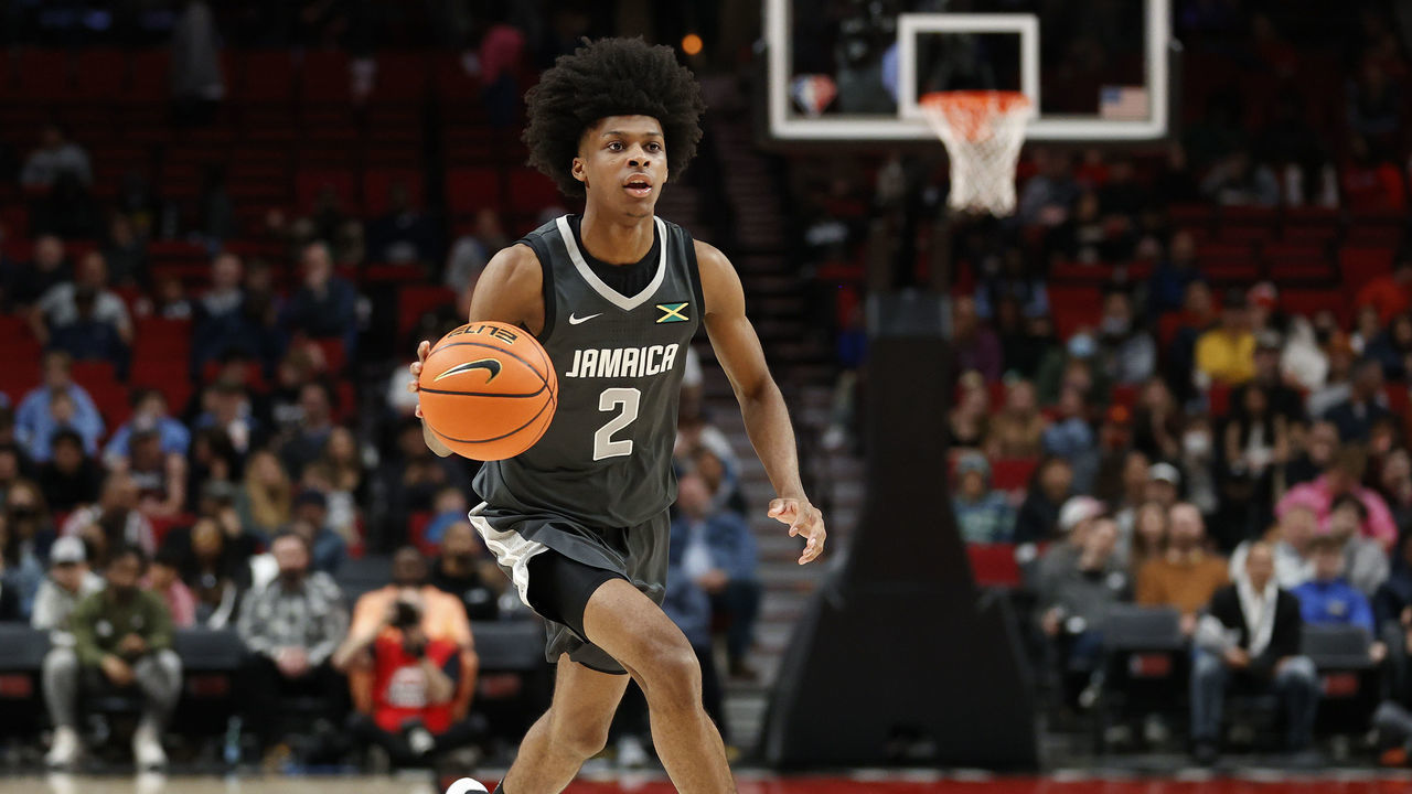 PORTLAND, OREGON - APRIL 08: London Johnson #2 of World Team dribbles against USA Team in the third quarter during the Nike Hoop Summit at Moda Center on April 08, 2022 in Portland, Oregon.