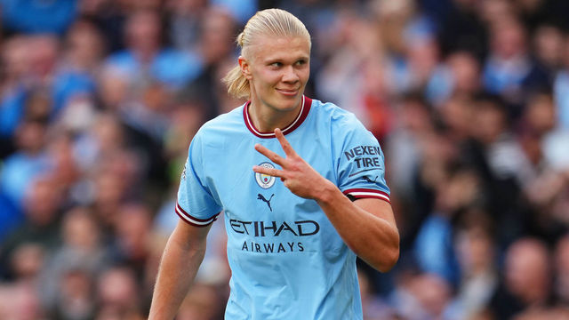 MANCHESTER, ENGLAND - OCTOBER 02: Erling Haaland of Manchester City celebrates their sides fifth goal and their hat trick during the Premier League match between Manchester City and Manchester United at Etihad Stadium on October 02, 2022 in Manchester, England.