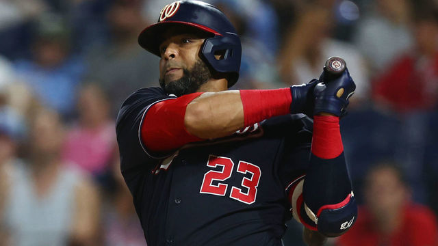 PHILADELPHIA, PA - AUGUST 06: Nelson Cruz #23 of the Washington Nationals in action against the Philadelphia Phillies during a game at Citizens Bank Park on August 6, 2022 in Philadelphia, Pennsylvania.