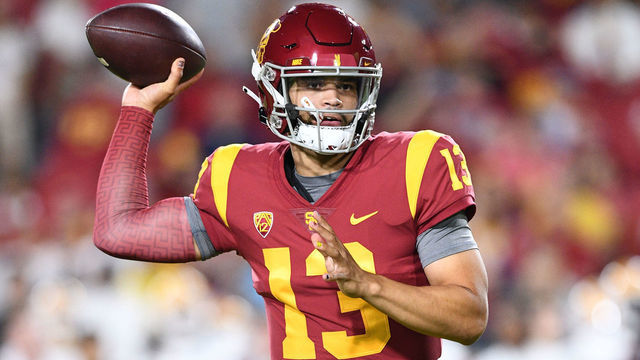 LOS ANGELES, CA - OCTOBER 01: USC Trojans quarterback Caleb Williams (13) throws a pass during college football game between the Arizona State Sun Devils and the USC Trojans on October 1, 2022, at Los Angeles Memorial Coliseum in Los Angeles, CA.