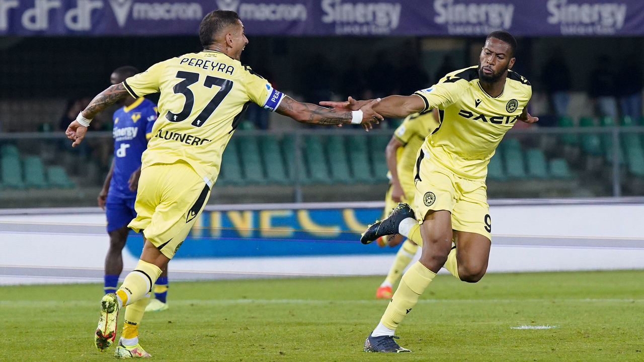 Beto of Udinese Calcio celebrates after scoring first goal during the Serie A match between Hellas Verona FC and Udinese Calcio at Stadio Marcantonio Bentegodi, Verona, Italy on 3 October 2022.